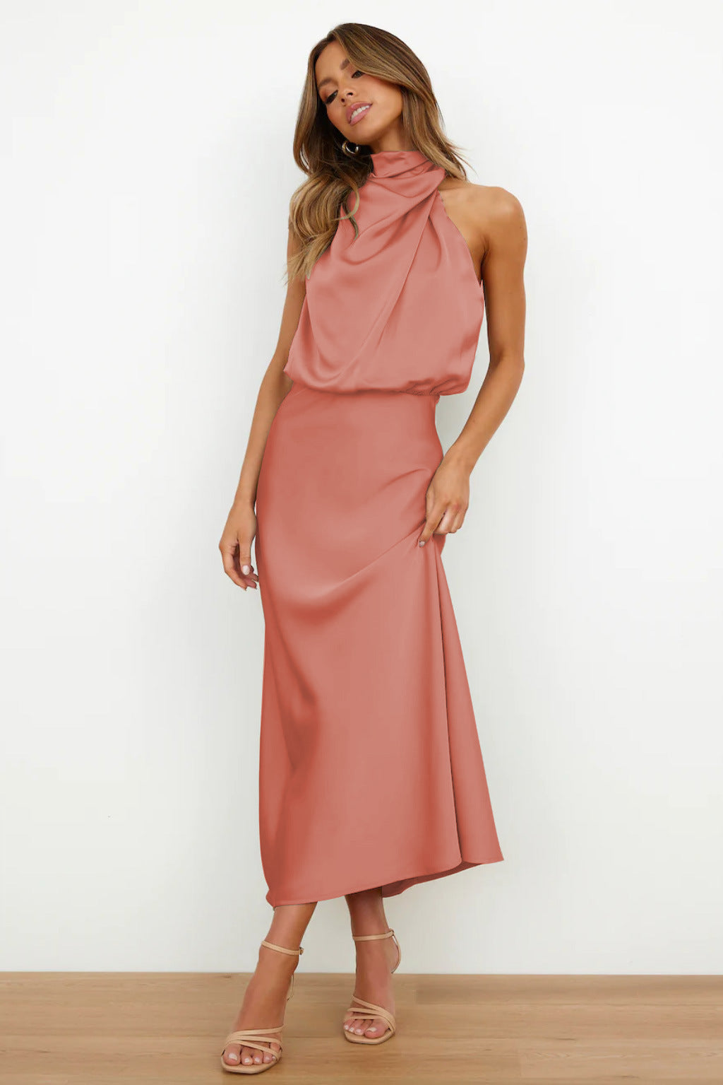 Draped Maxi Dress with High Neck and Flowing Fit