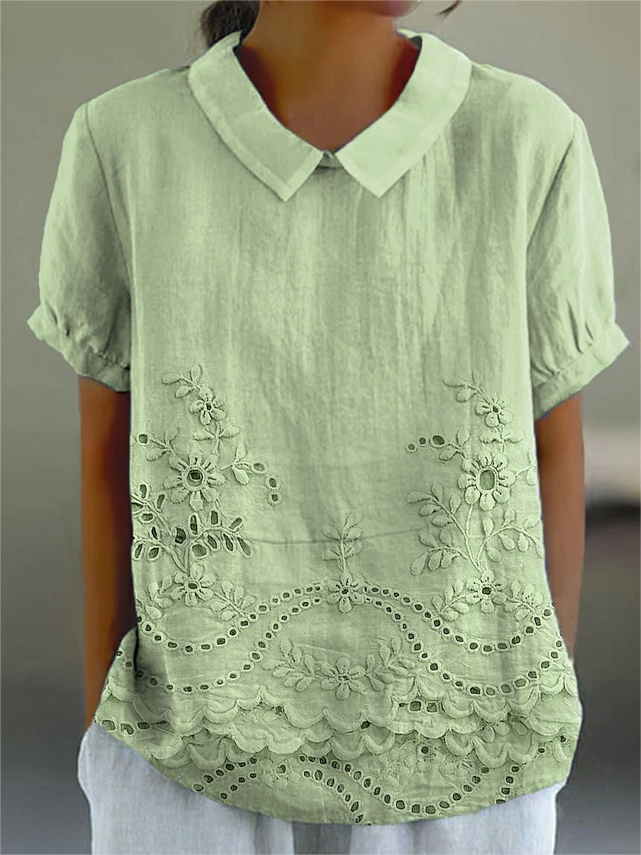 Linen Blend Embroidered Blouse Lightweight Relaxed Fit