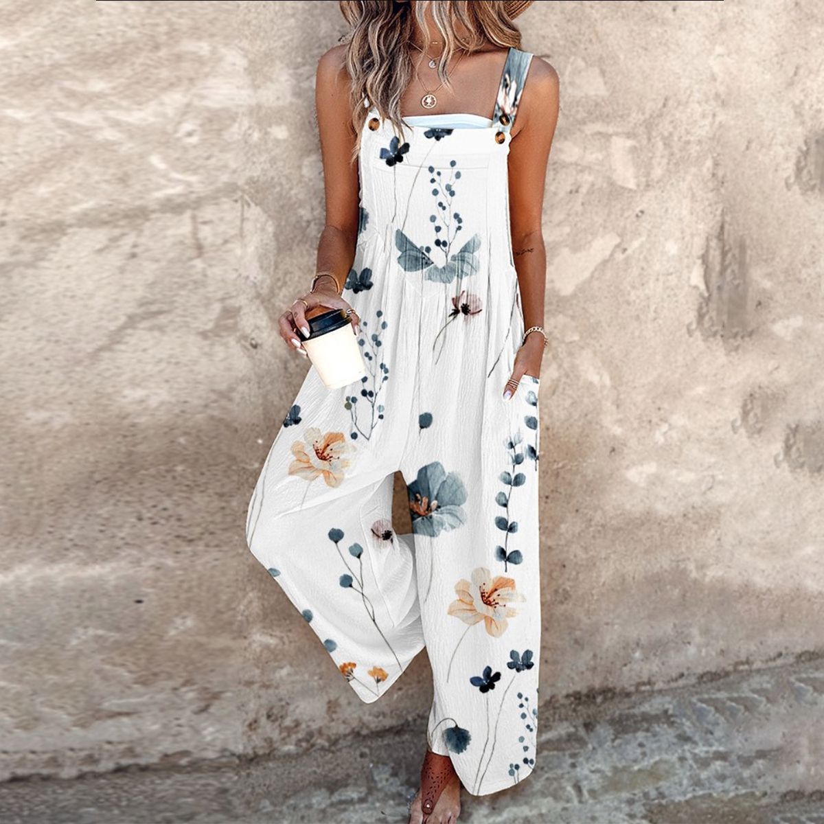 Printed Jumpsuit with Wide Leg Fit and Adjustable Straps