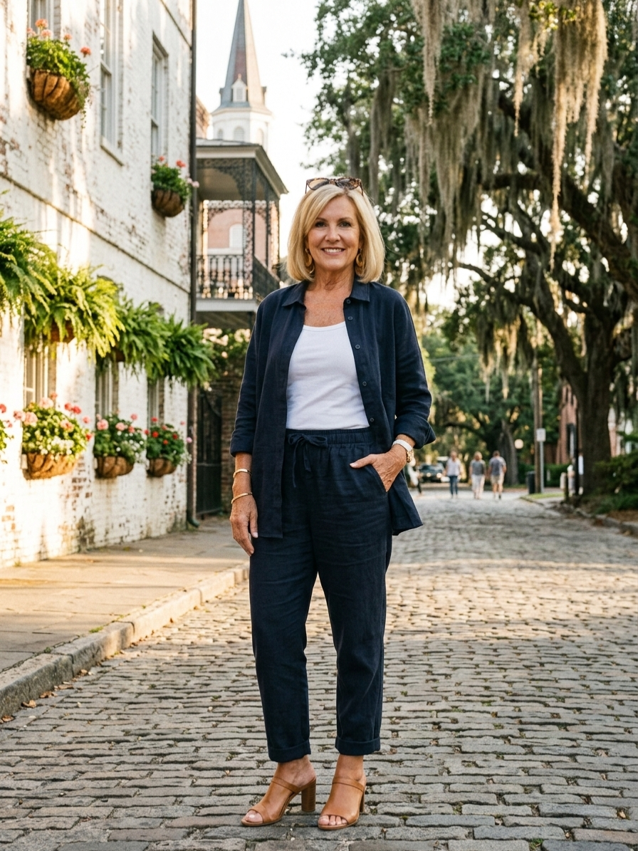 Linen Two Piece Set with Button Shirt and Relaxed Drawstring Pants