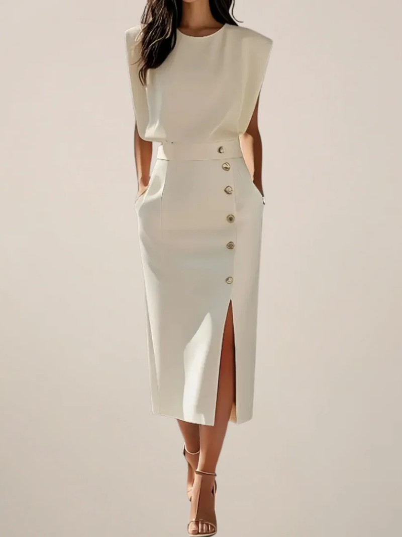 Structured Midi Dress with Side Slit and Button Detail