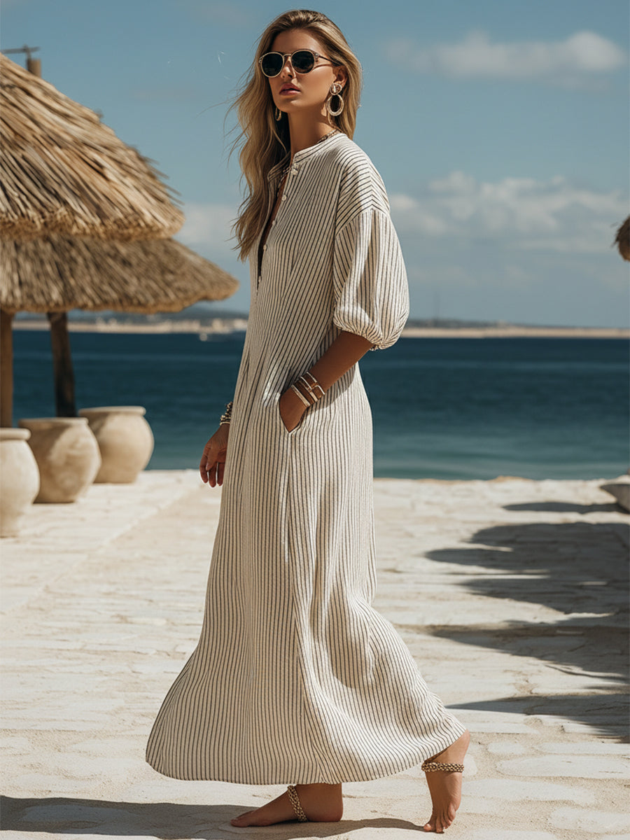 Striped Midi Dress with Button Front and Relaxed Fit