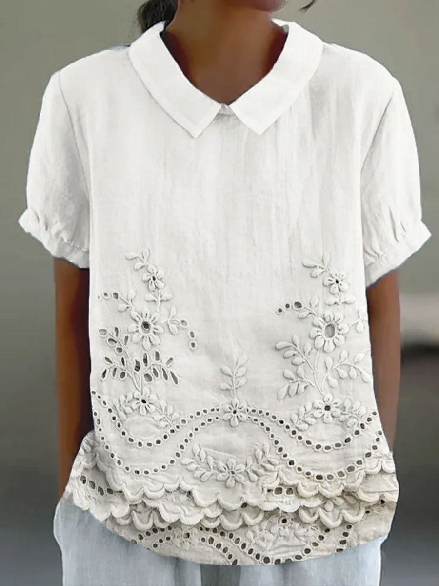 Linen Blend Embroidered Blouse Lightweight Relaxed Fit