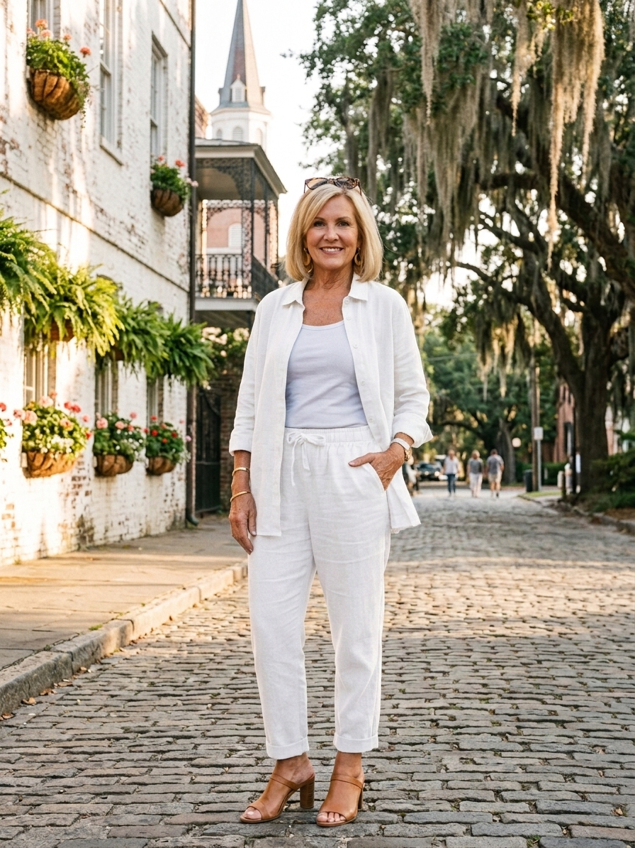 Linen Two Piece Set with Button Shirt and Relaxed Drawstring Pants