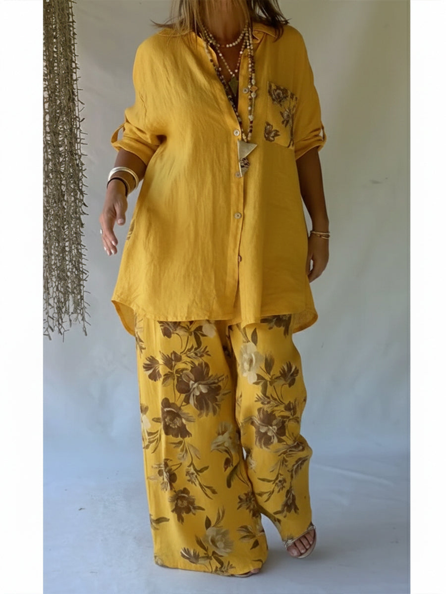 Women’s Linen Floral Two Piece Set Breathable Comfort Loose Fit