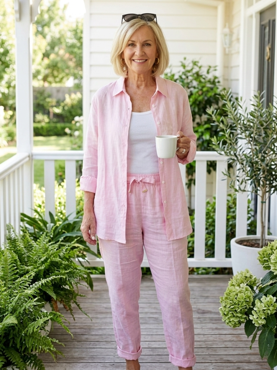 Linen Two Piece Set with Button Shirt and Relaxed Drawstring Pants