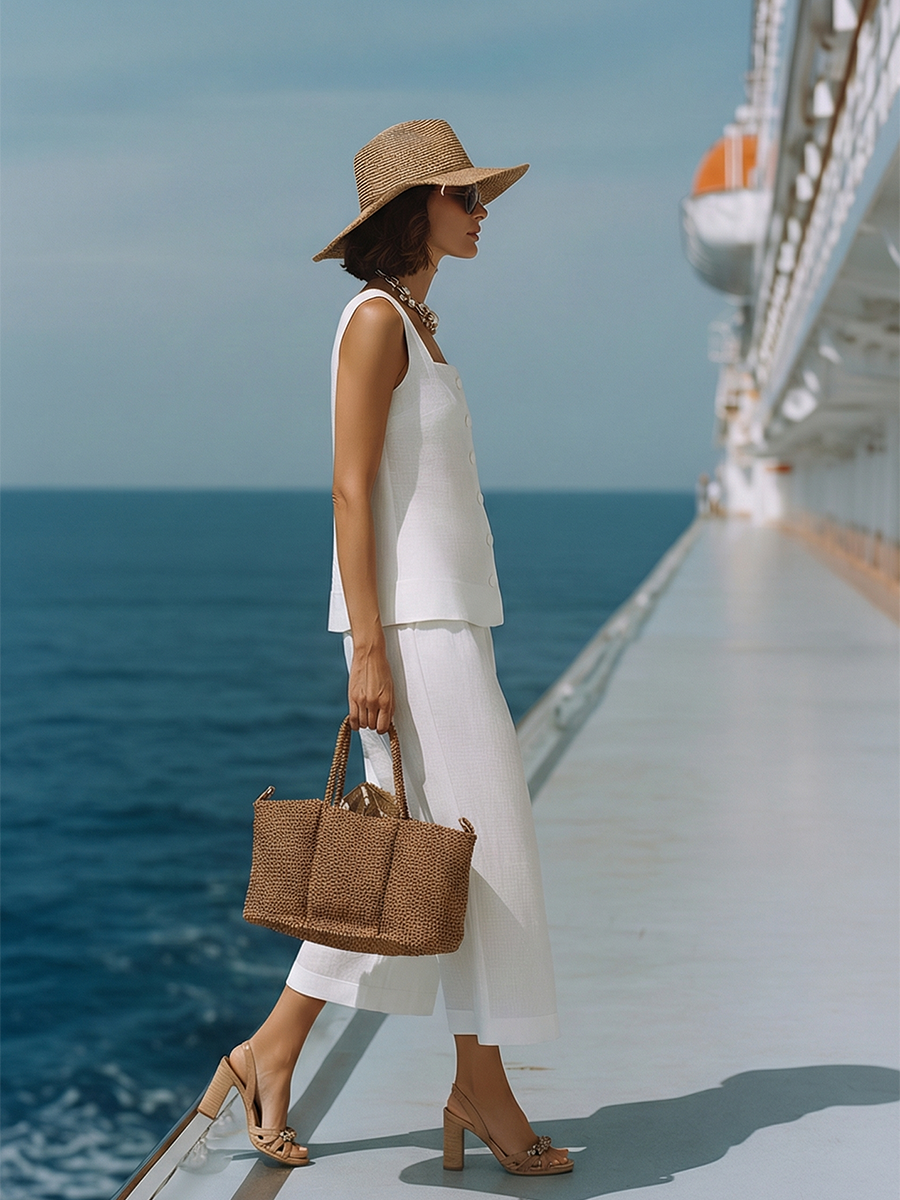 Cotton Linen Two Piece Set with Square Neck Top and Capri Pants