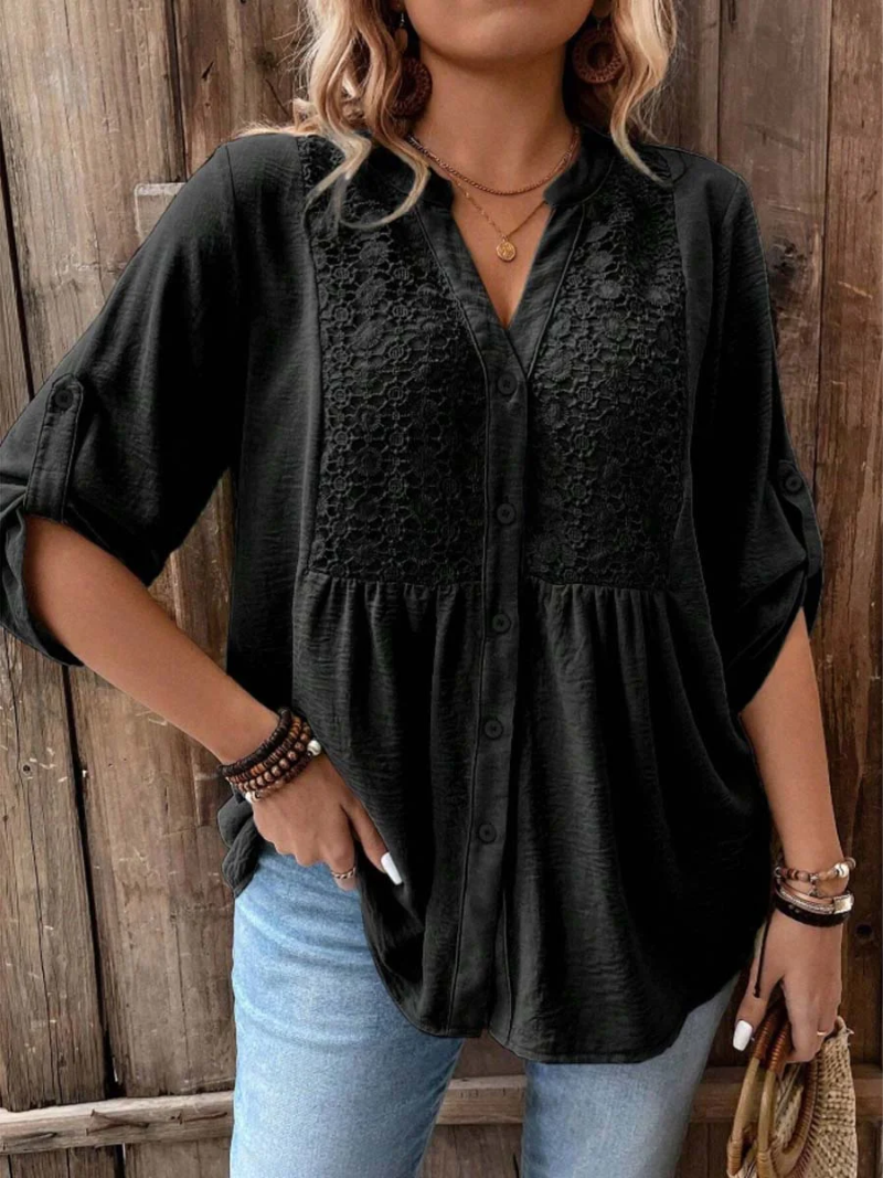 Button Blouse with V Neck and Relaxed Fit with Roll Up Sleeves