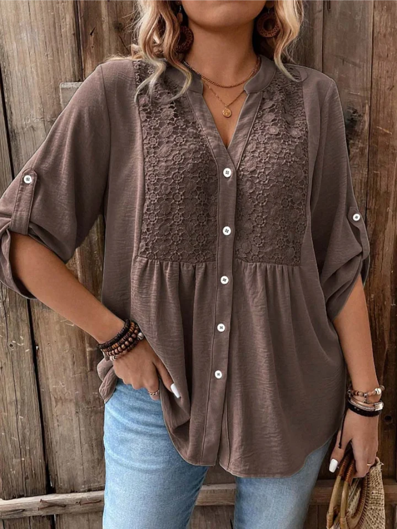 Button Blouse with V Neck and Relaxed Fit with Roll Up Sleeves