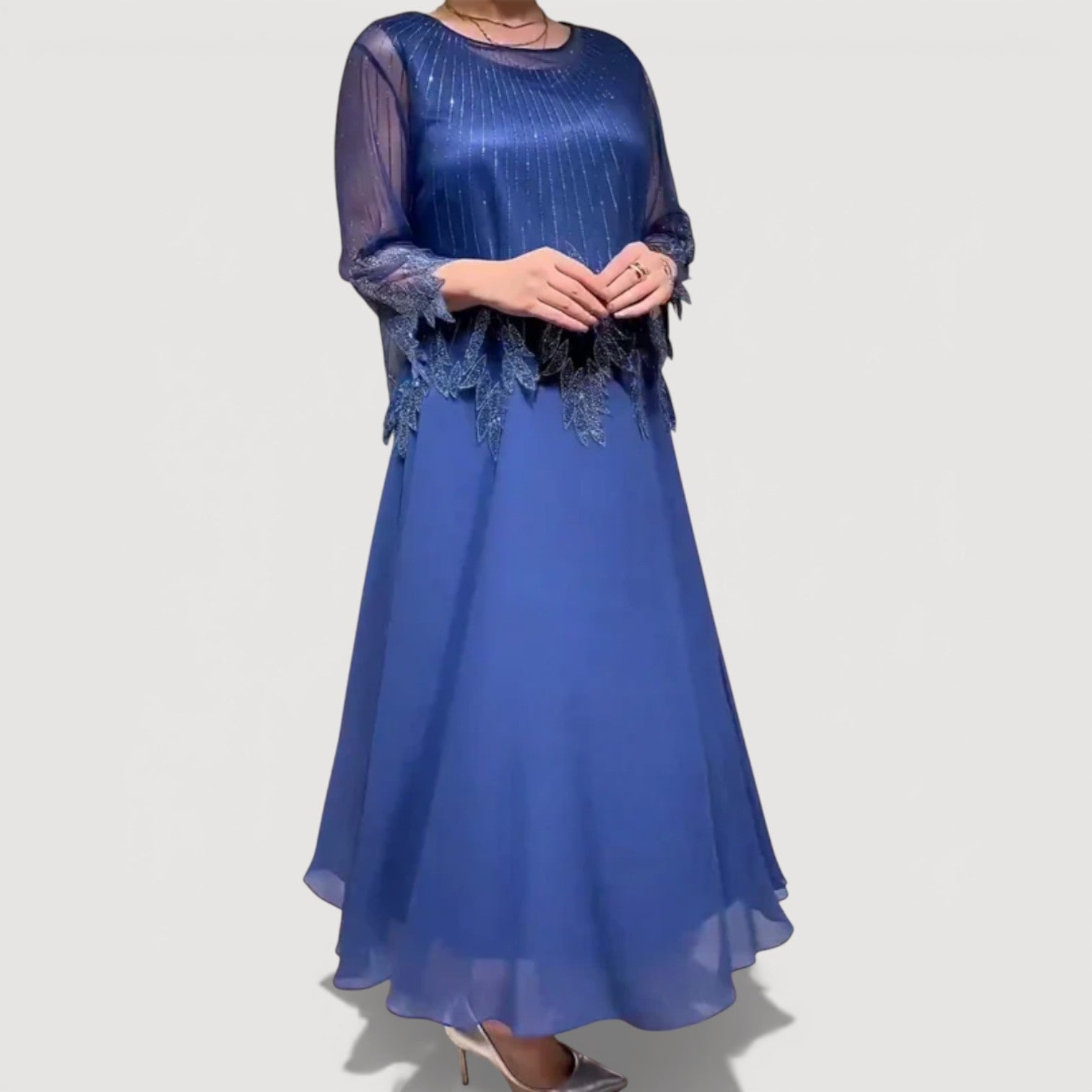 Womens Printed Midi Dress Sheer Sleeve Elegant Classic Fit