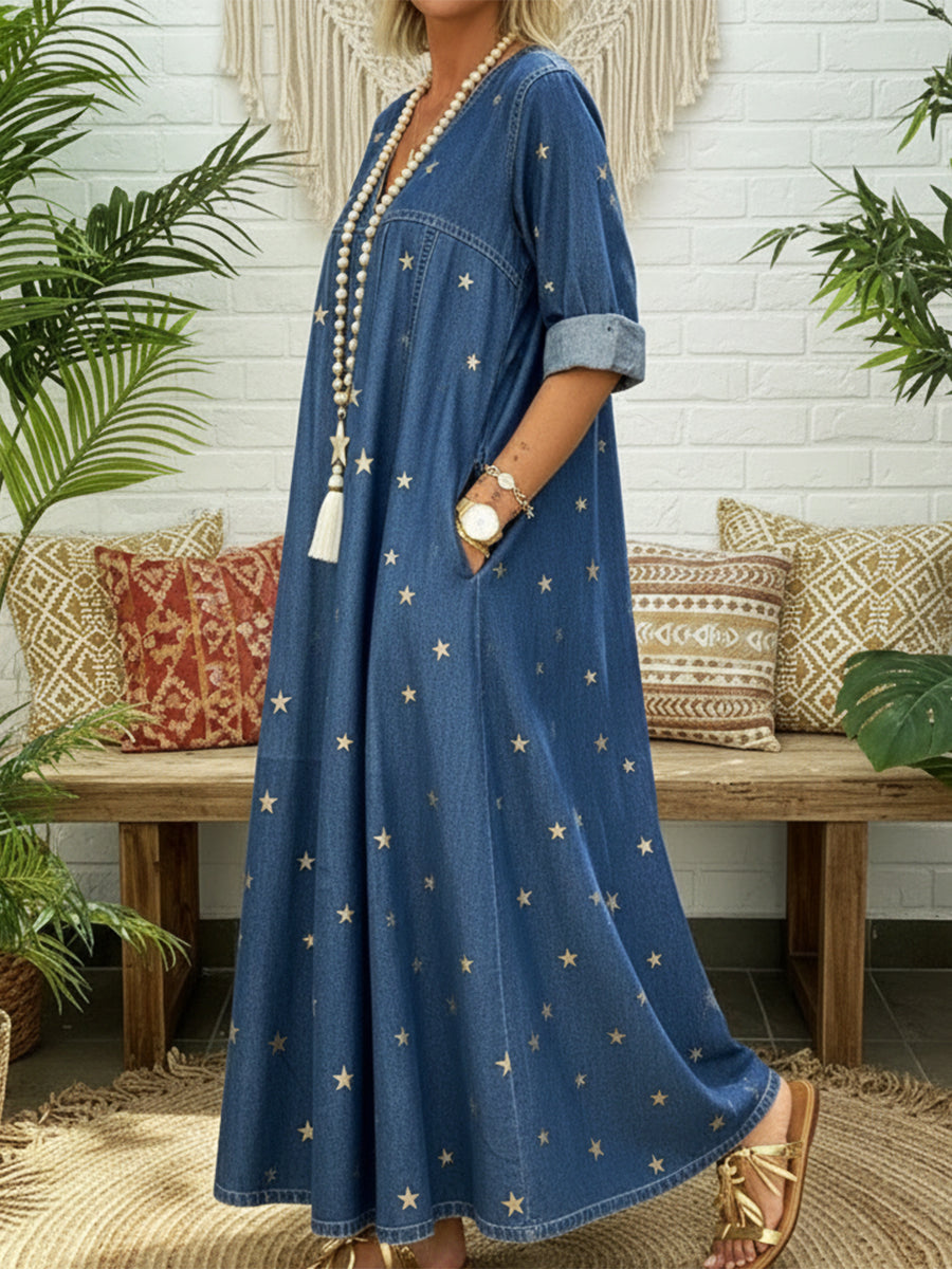 Women’s Star Print Denim Maxi Dress V Neck Relaxed Fit With Pockets