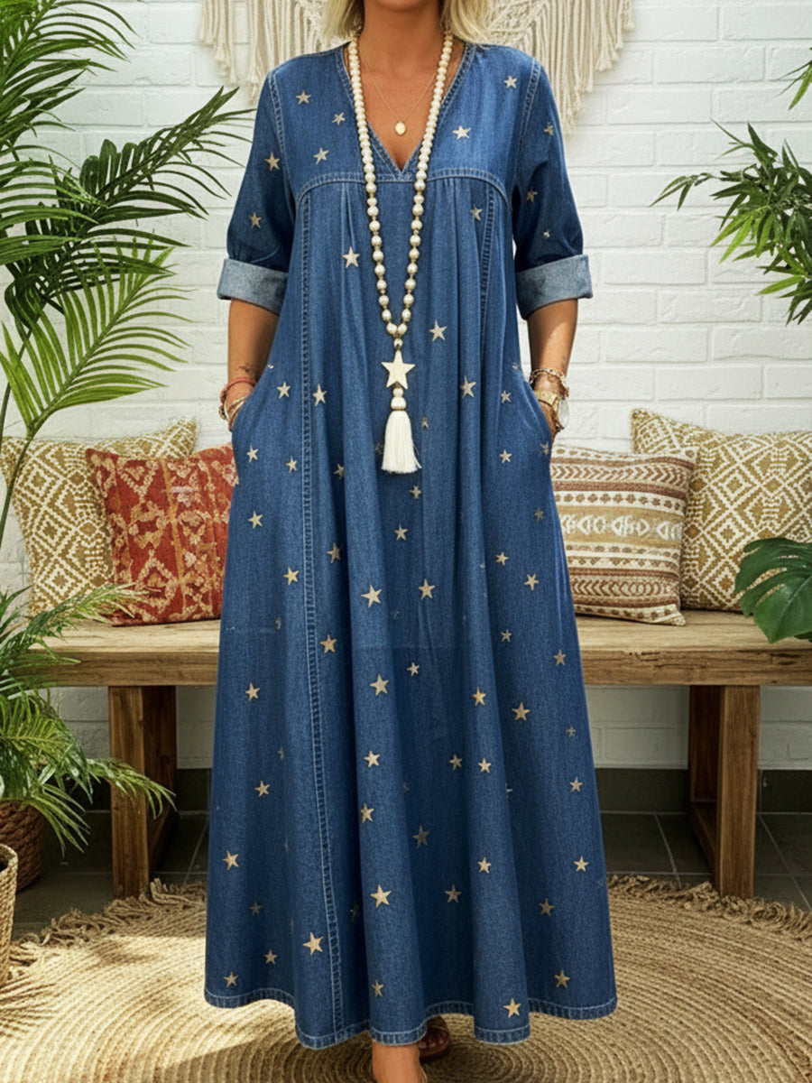 Women’s Star Print Denim Maxi Dress V Neck Relaxed Fit With Pockets