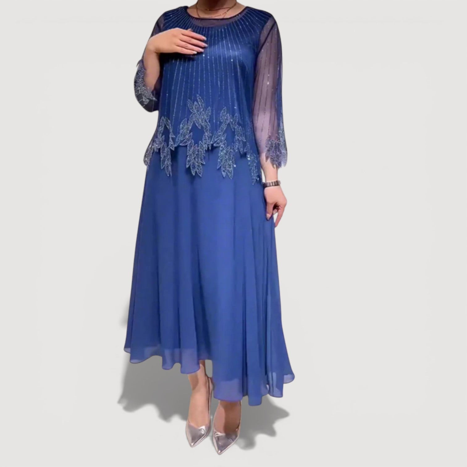 Womens Printed Midi Dress Sheer Sleeve Elegant Classic Fit