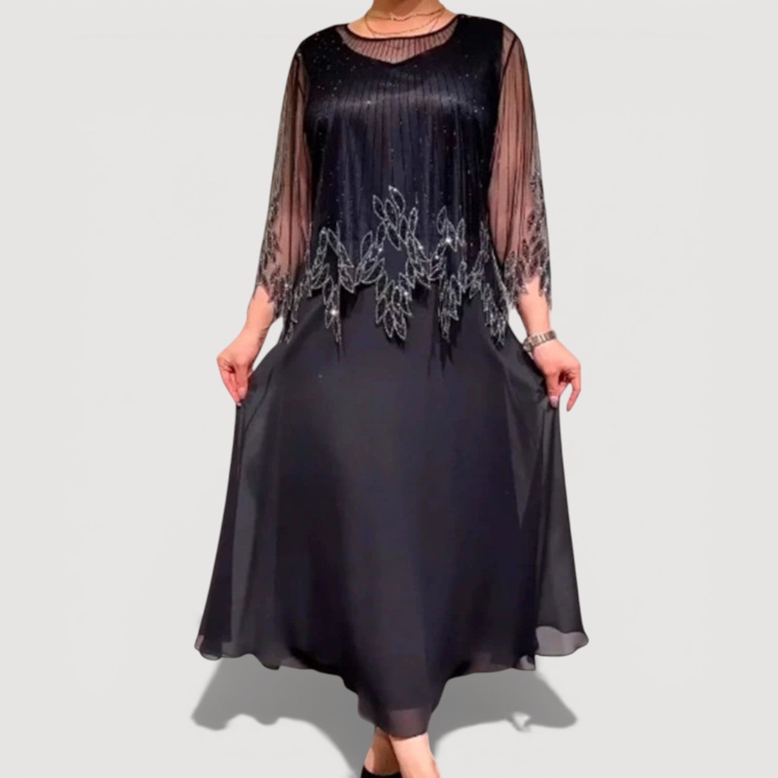 Womens Printed Midi Dress Sheer Sleeve Elegant Classic Fit
