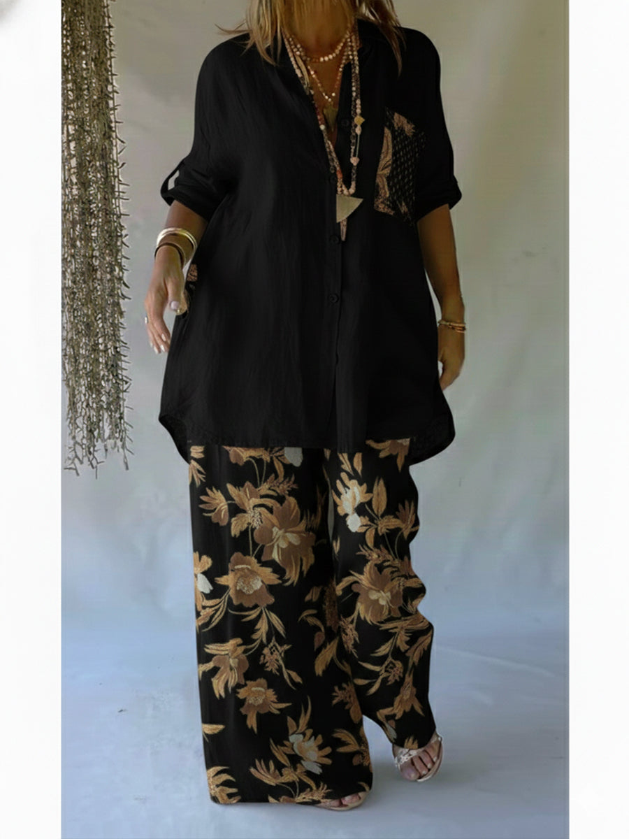Women’s Linen Floral Two Piece Set Breathable Comfort Loose Fit