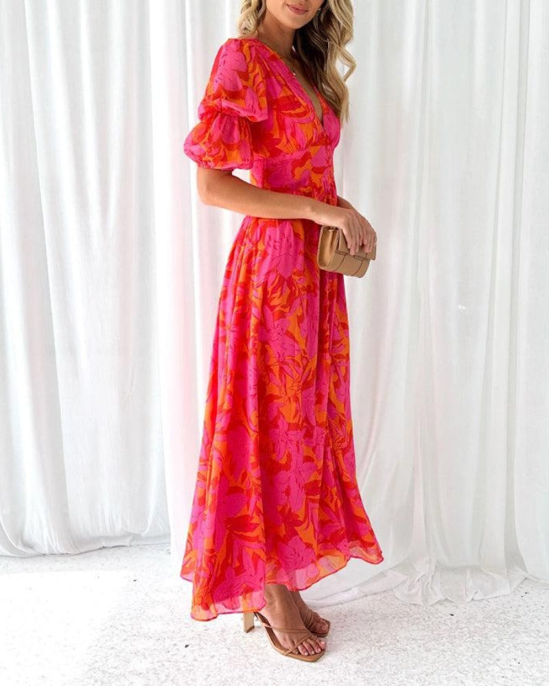 V-Neck Flowy Maxi Dress with Puff Sleeves