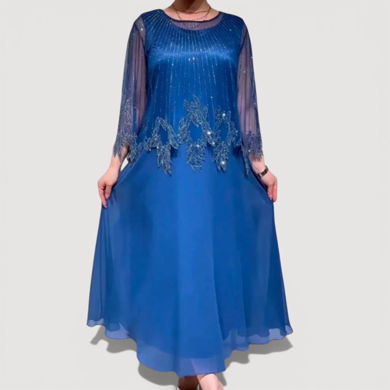 Womens Printed Midi Dress Sheer Sleeve Elegant Classic Fit