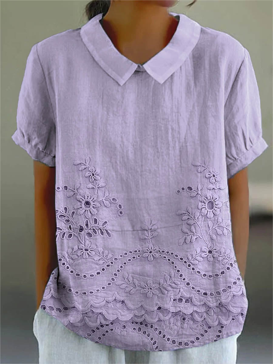 Linen Blend Embroidered Blouse Lightweight Relaxed Fit