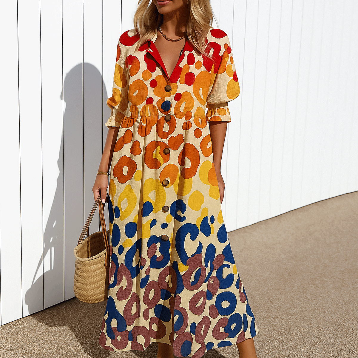 Boho Maxi Dress with Button Front and Lightweight Relaxed Fit