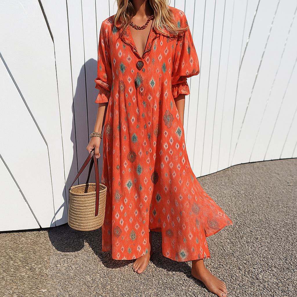 Boho Maxi Dress with Button Front and Lightweight Relaxed Fit