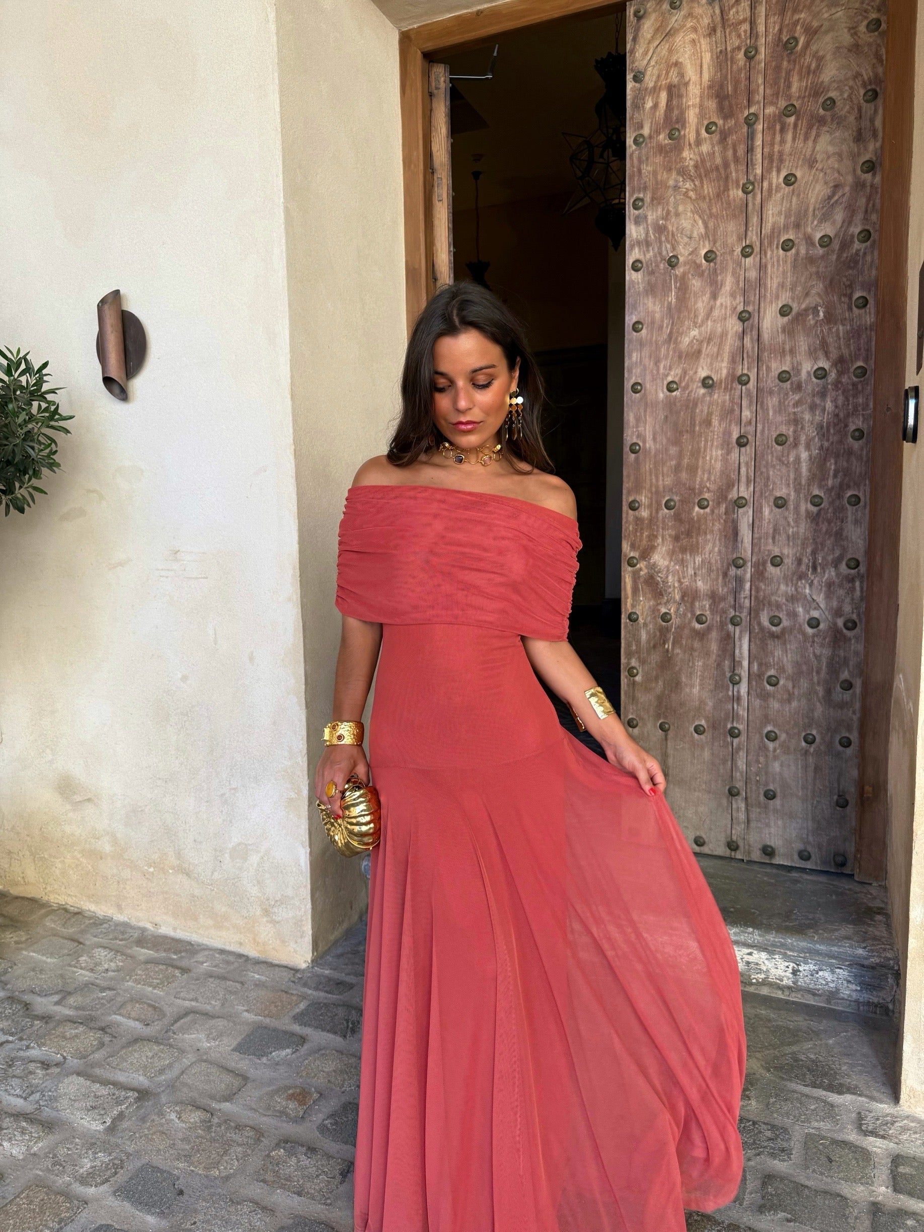 Off Shoulder Maxi Dress with Lightweight Chiffon and Flowing Fit