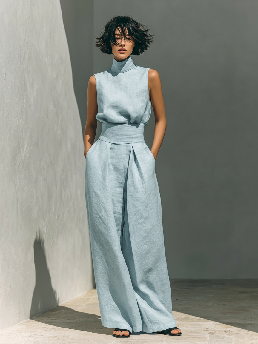 Sleeveless Two Piece Set with Wide Leg Pants and Relaxed Fit