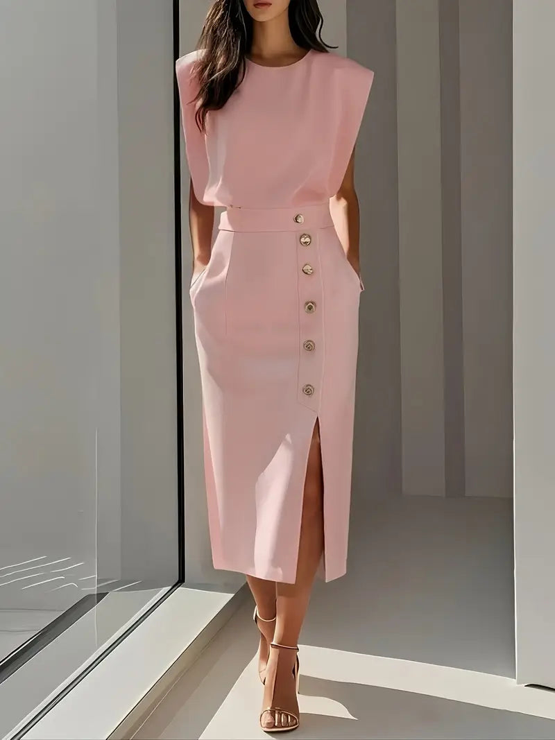 Structured Midi Dress with Side Slit and Button Detail