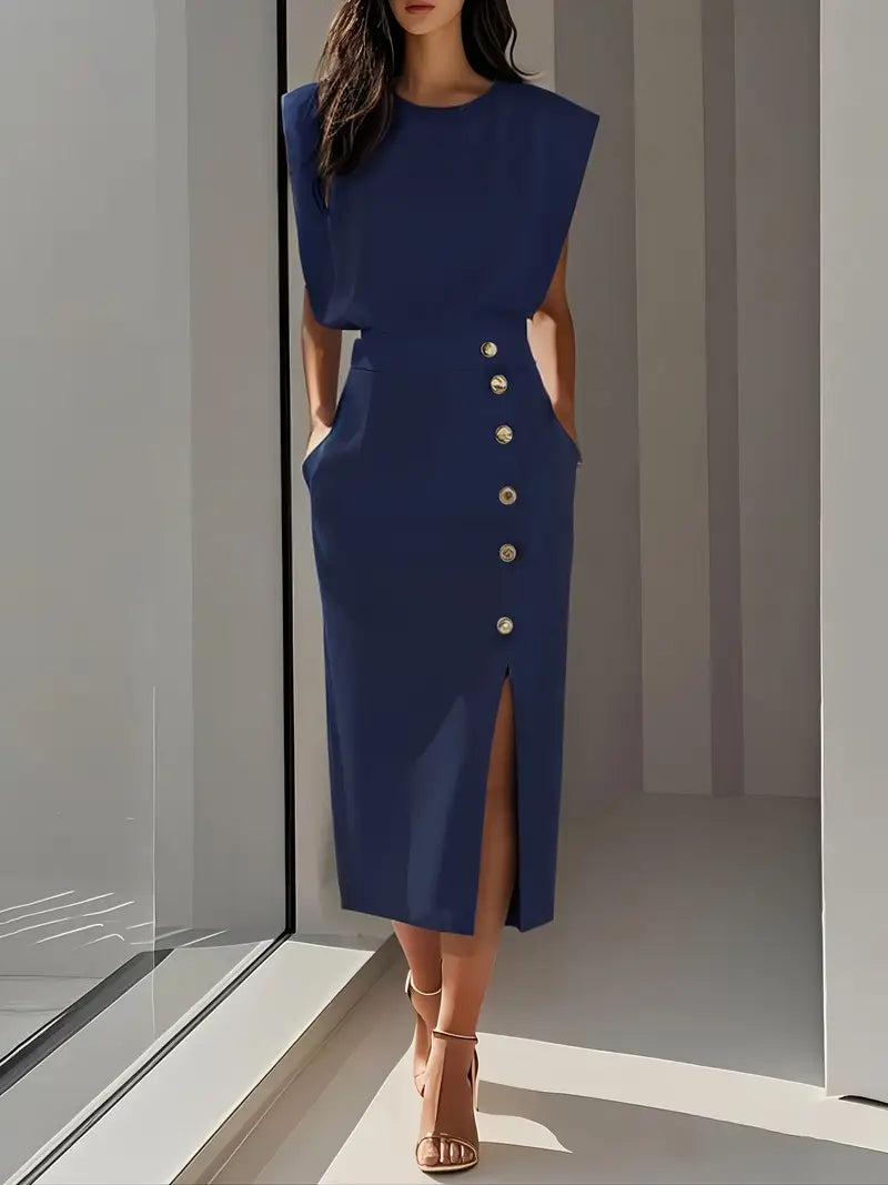 Structured Midi Dress with Side Slit and Button Detail