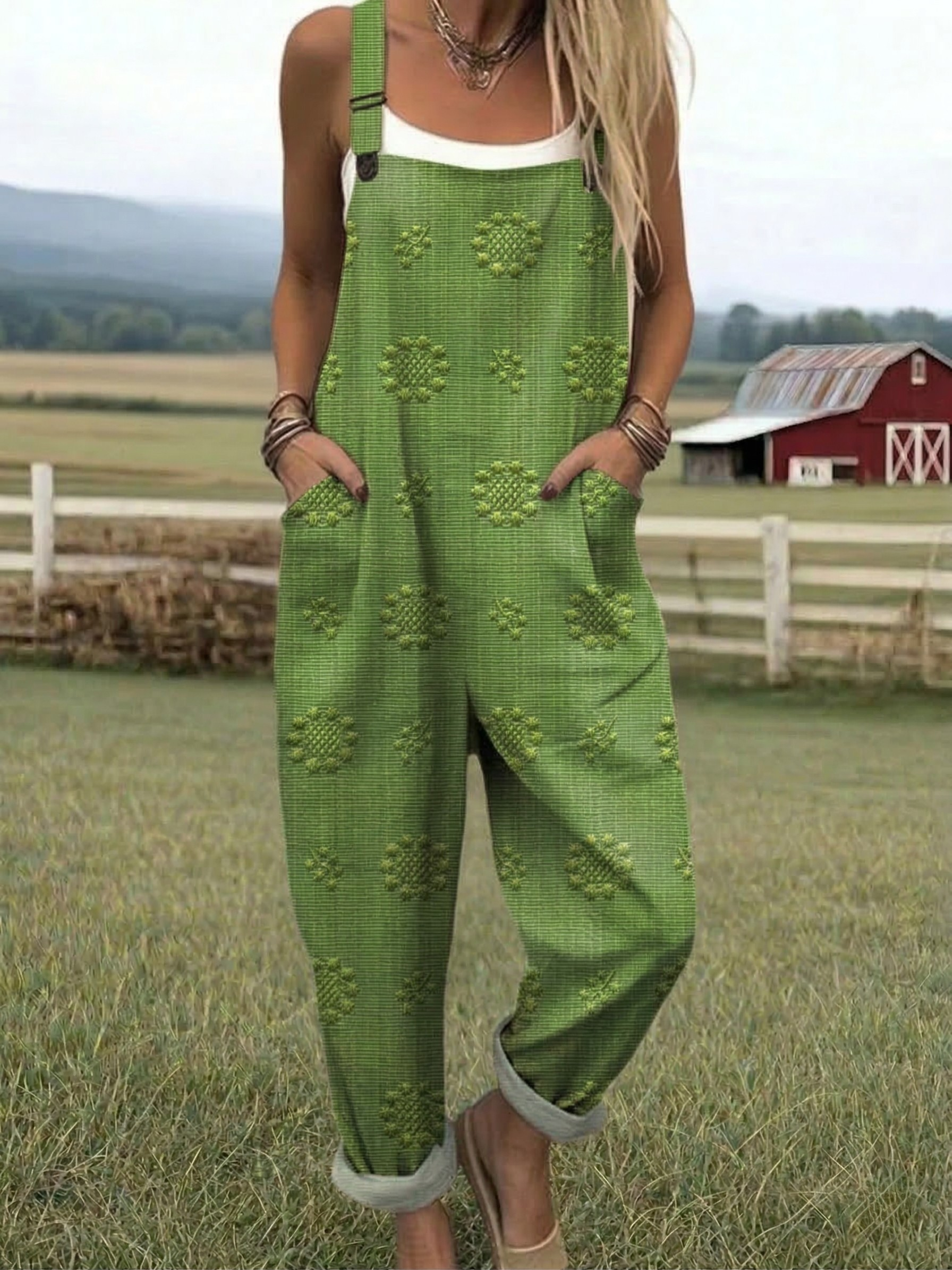Relaxed Pattern Jumpsuit with Adjustable Straps and Breathable Lightweight Fabric