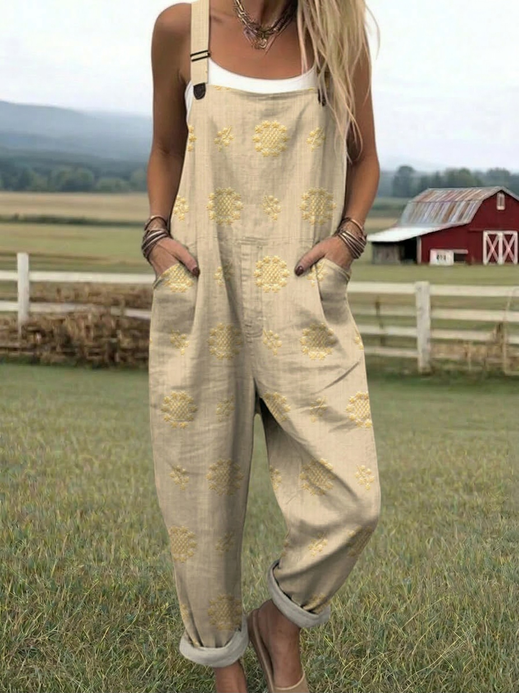 Relaxed Pattern Jumpsuit with Adjustable Straps and Breathable Lightweight Fabric