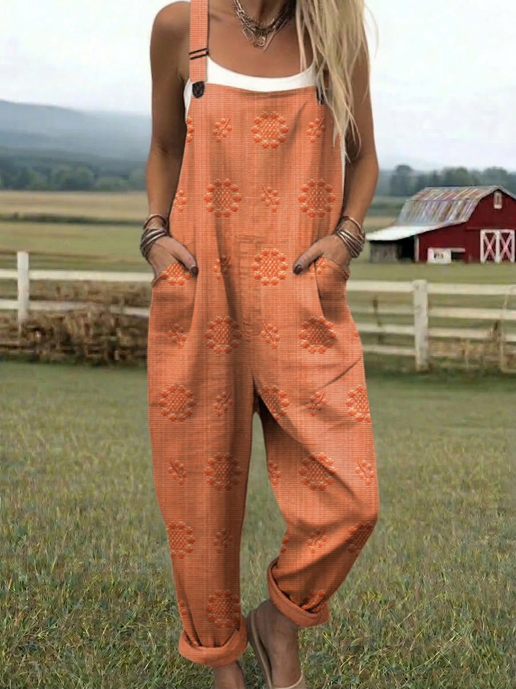 Relaxed Pattern Jumpsuit with Adjustable Straps and Breathable Lightweight Fabric