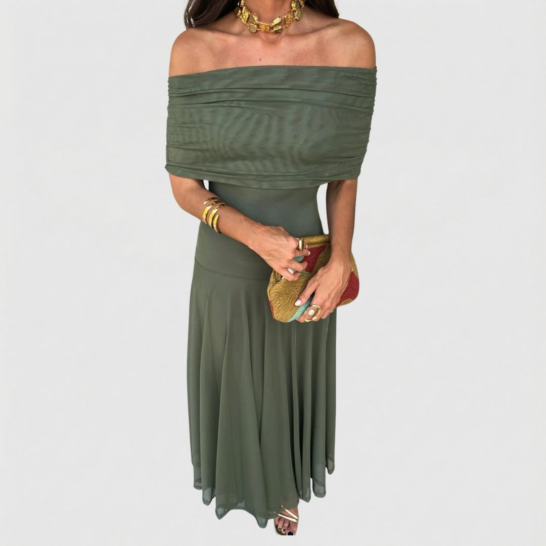 Off Shoulder Maxi Dress with Lightweight Chiffon and Flowing Fit