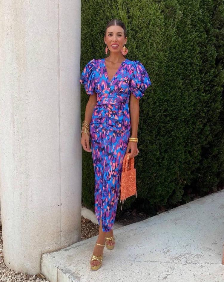 Printed Midi Dress with Puff Sleeves V Neck Fitted Elegant Shape
