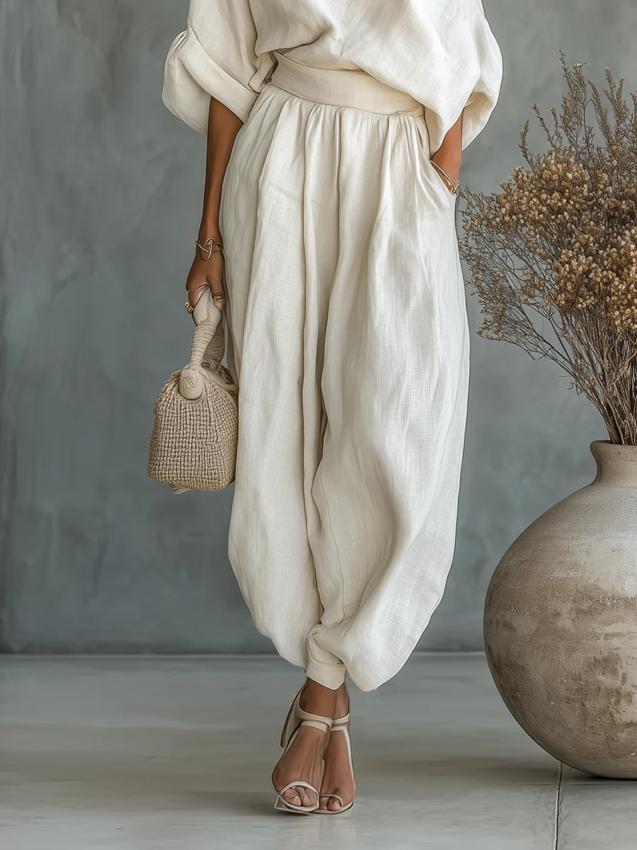Two Piece Set with Off Shoulder Top and Relaxed Tapered Pants