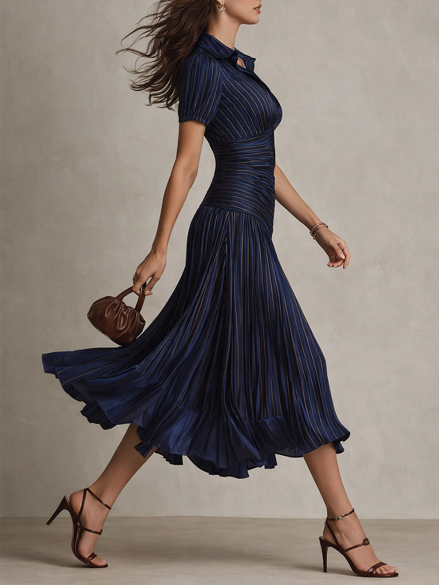 Women’s Satin Pleated Midi Dress Elegant Navy Bodycon Fit