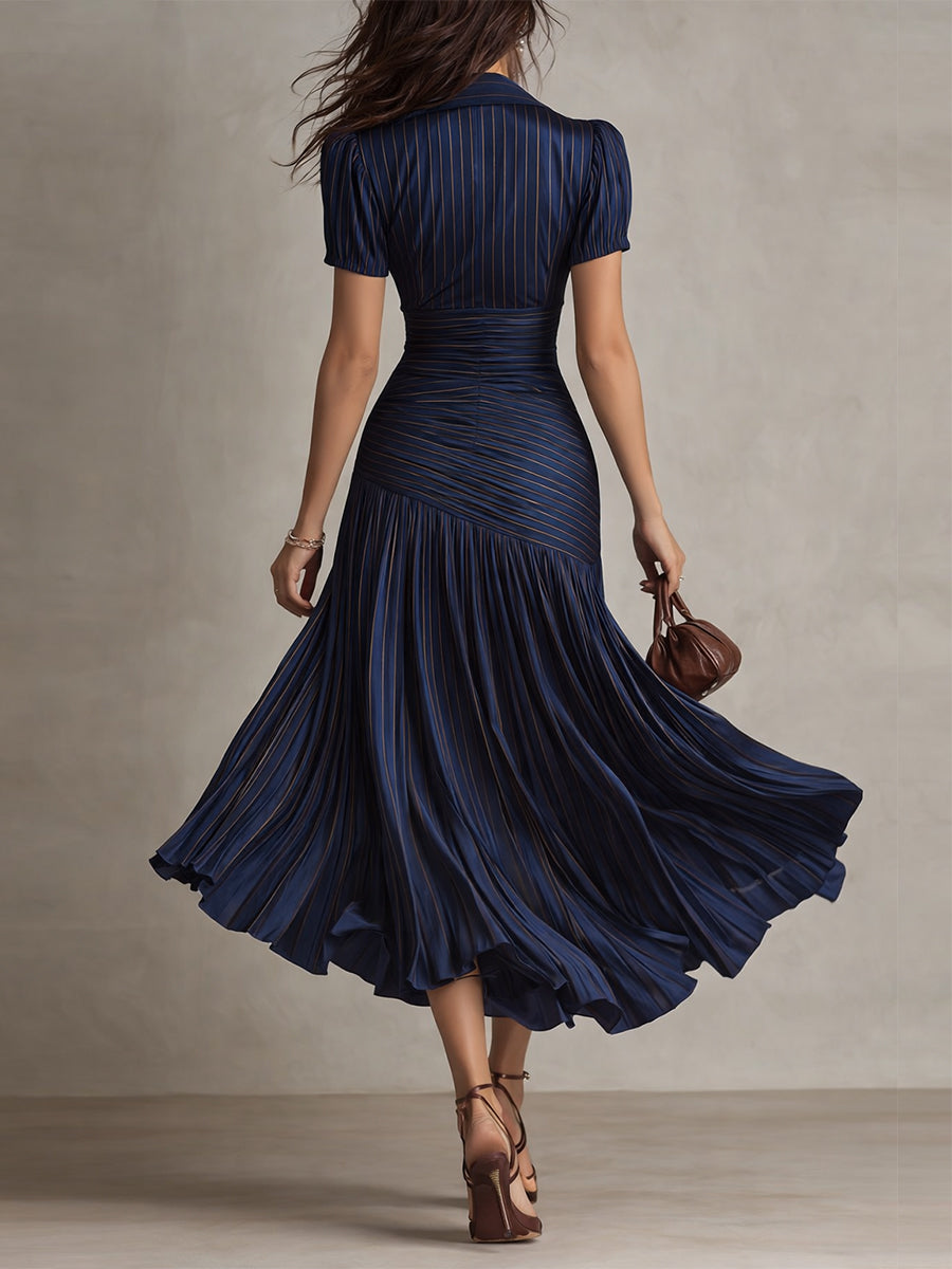 Women’s Satin Pleated Midi Dress Elegant Navy Bodycon Fit