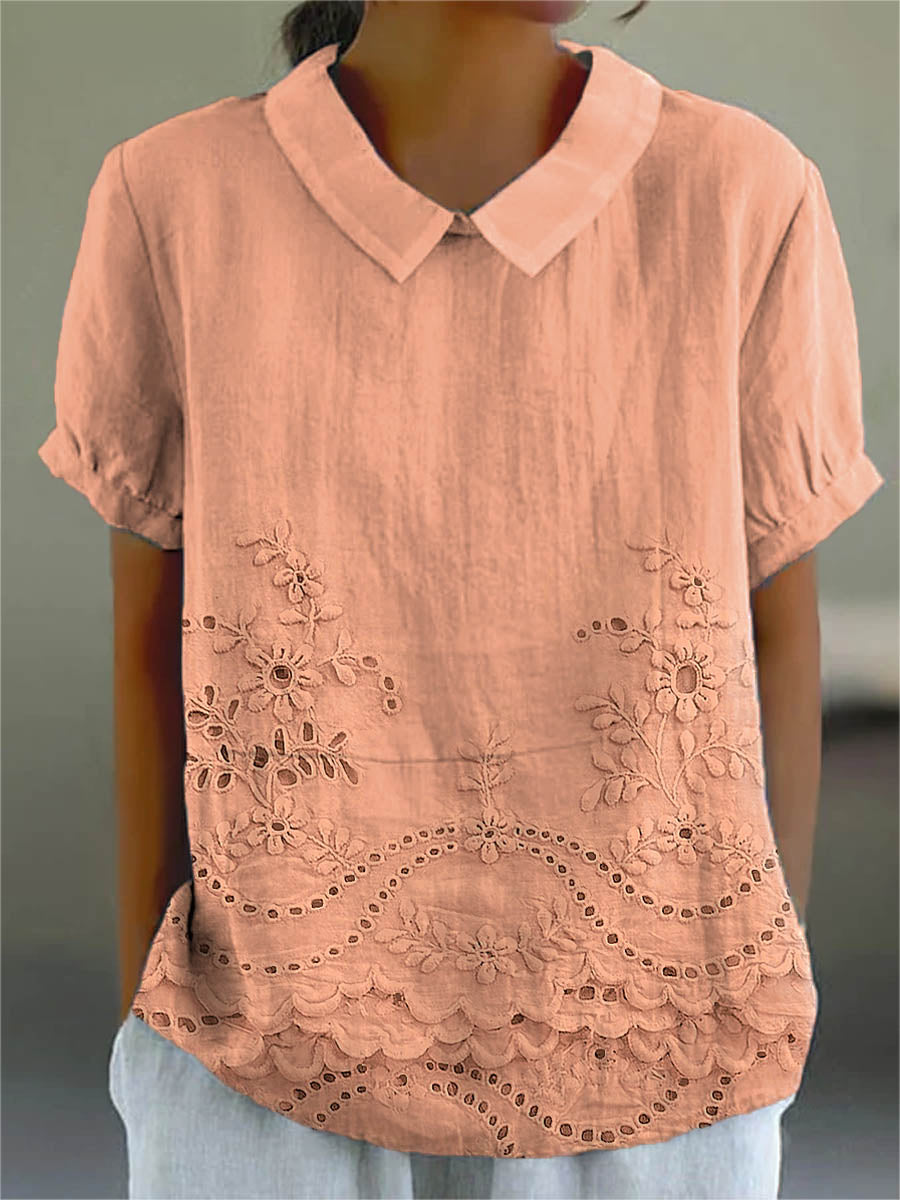 Linen Blend Embroidered Blouse Lightweight Relaxed Fit