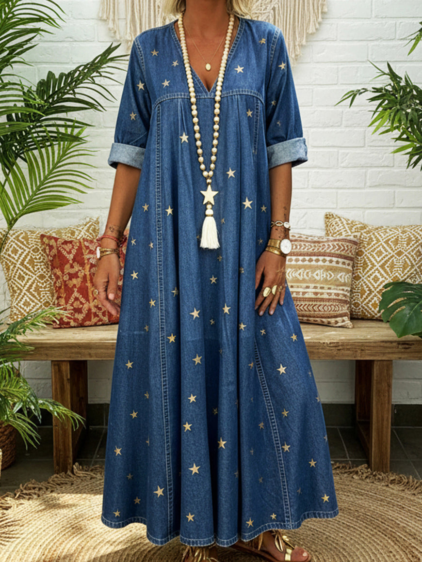 Women’s Star Print Denim Maxi Dress V Neck Relaxed Fit With Pockets