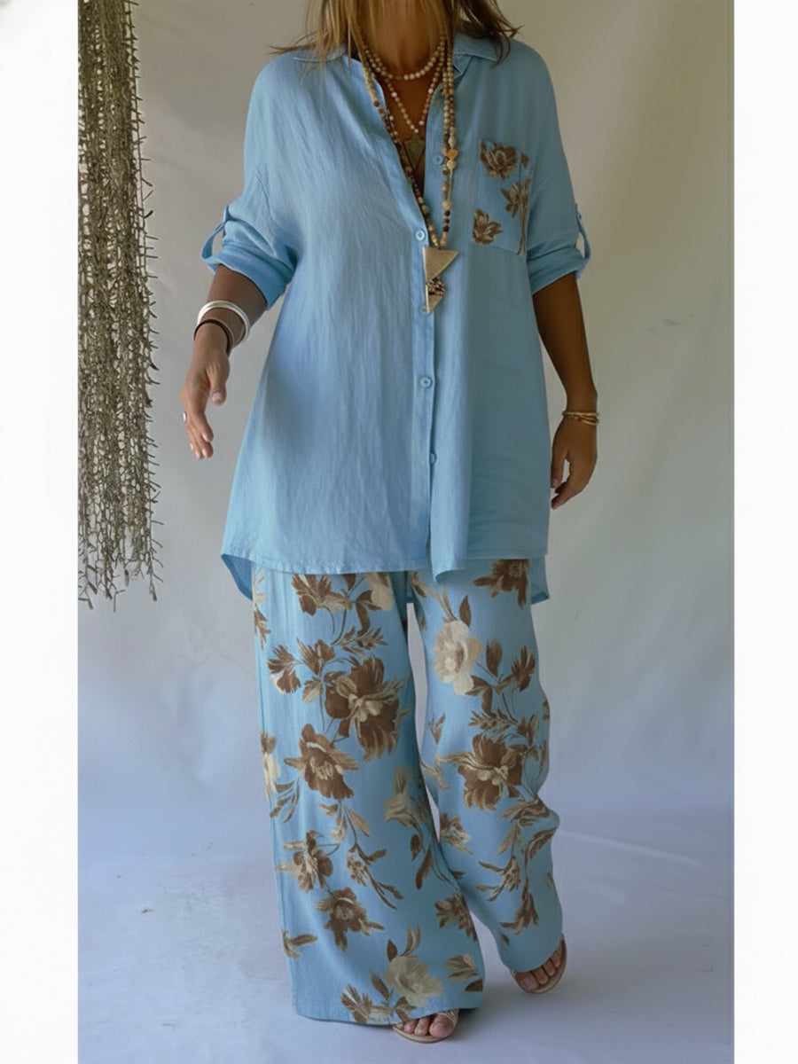 Women’s Linen Floral Two Piece Set Breathable Comfort Loose Fit