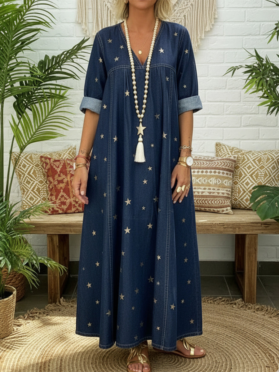 Women’s Star Print Denim Maxi Dress V Neck Relaxed Fit With Pockets