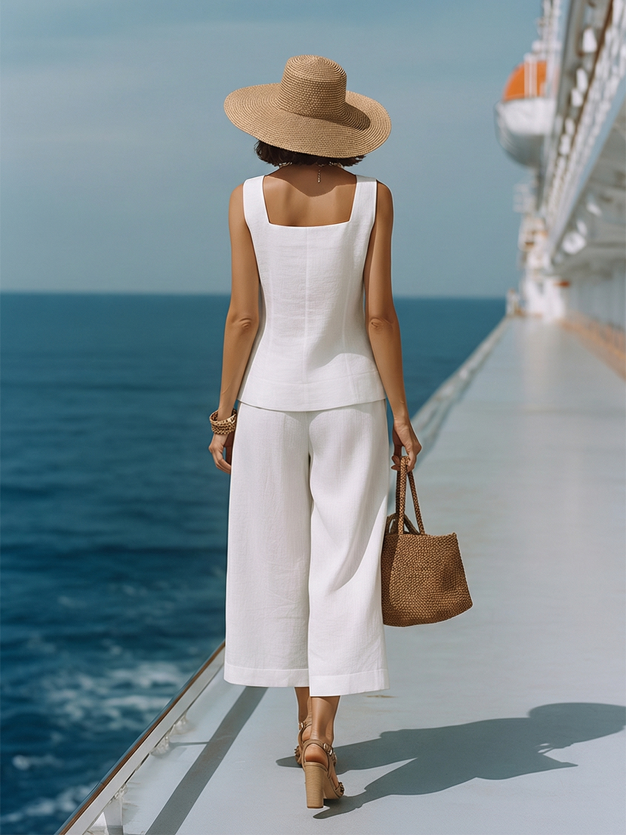 Cotton Linen Two Piece Set with Square Neck Top and Capri Pants
