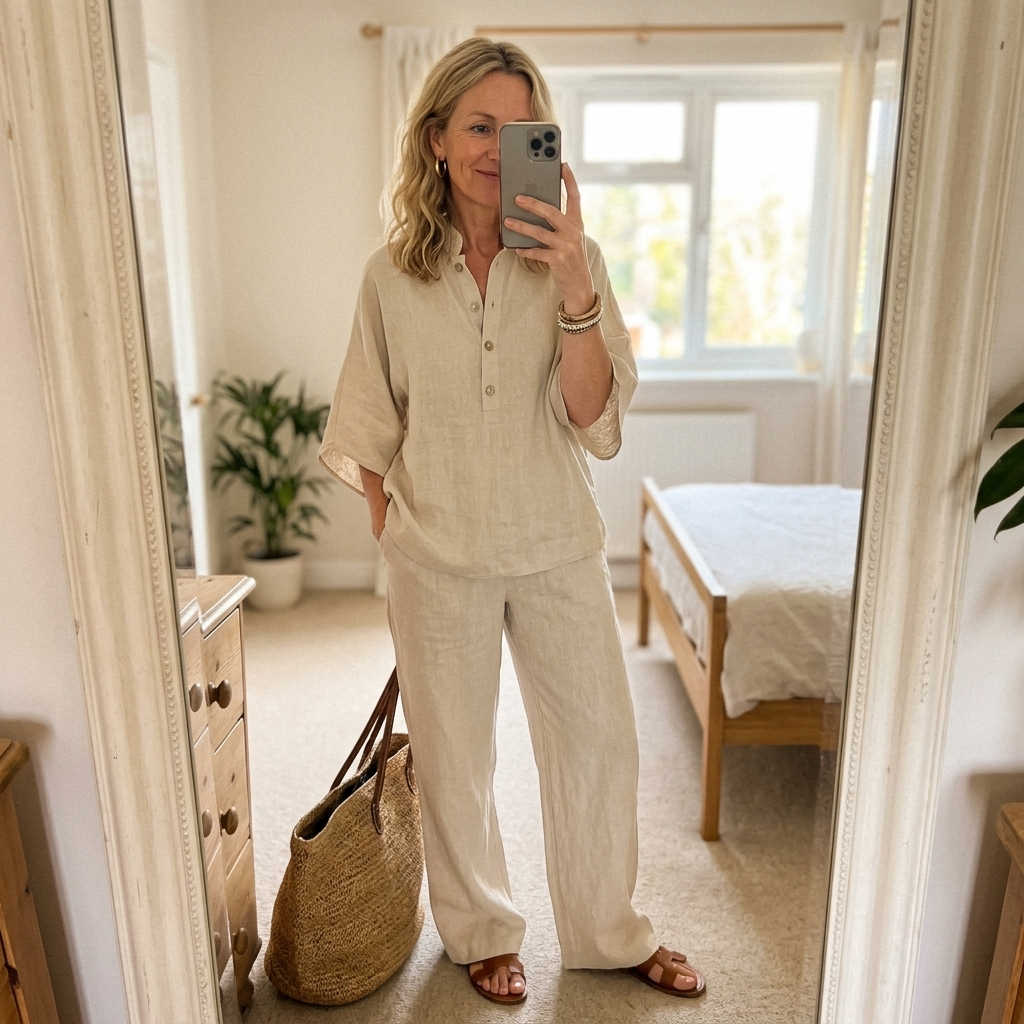 Cotton Linen Two Piece Set with Button Top and Loose Pants