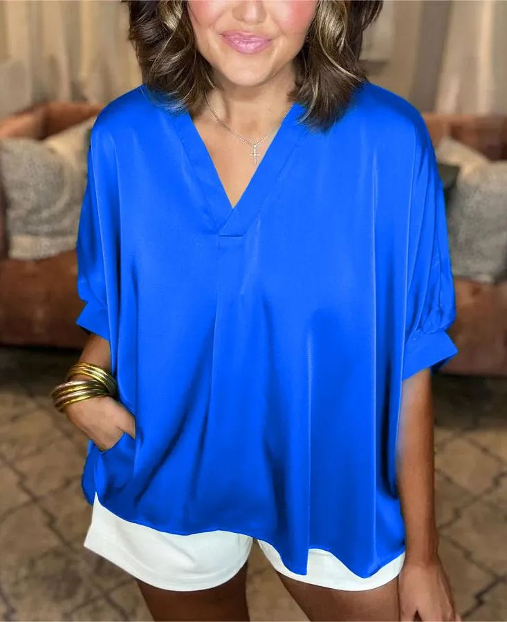 Women’s Satin V Neck Blouse Loose Fit Elegant Short Sleeve Top
