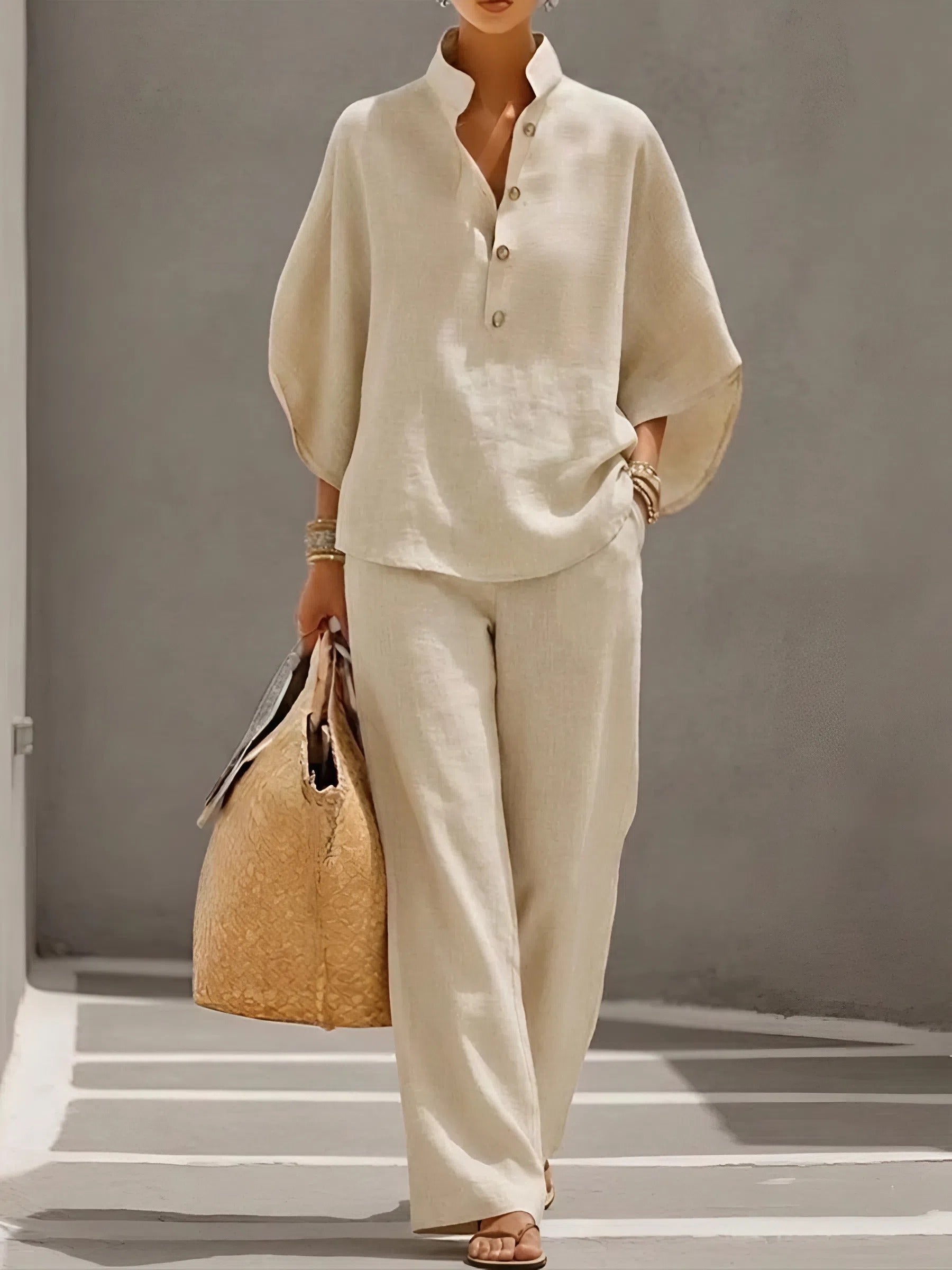 Cotton Linen Two Piece Set with Button Top and Loose Pants