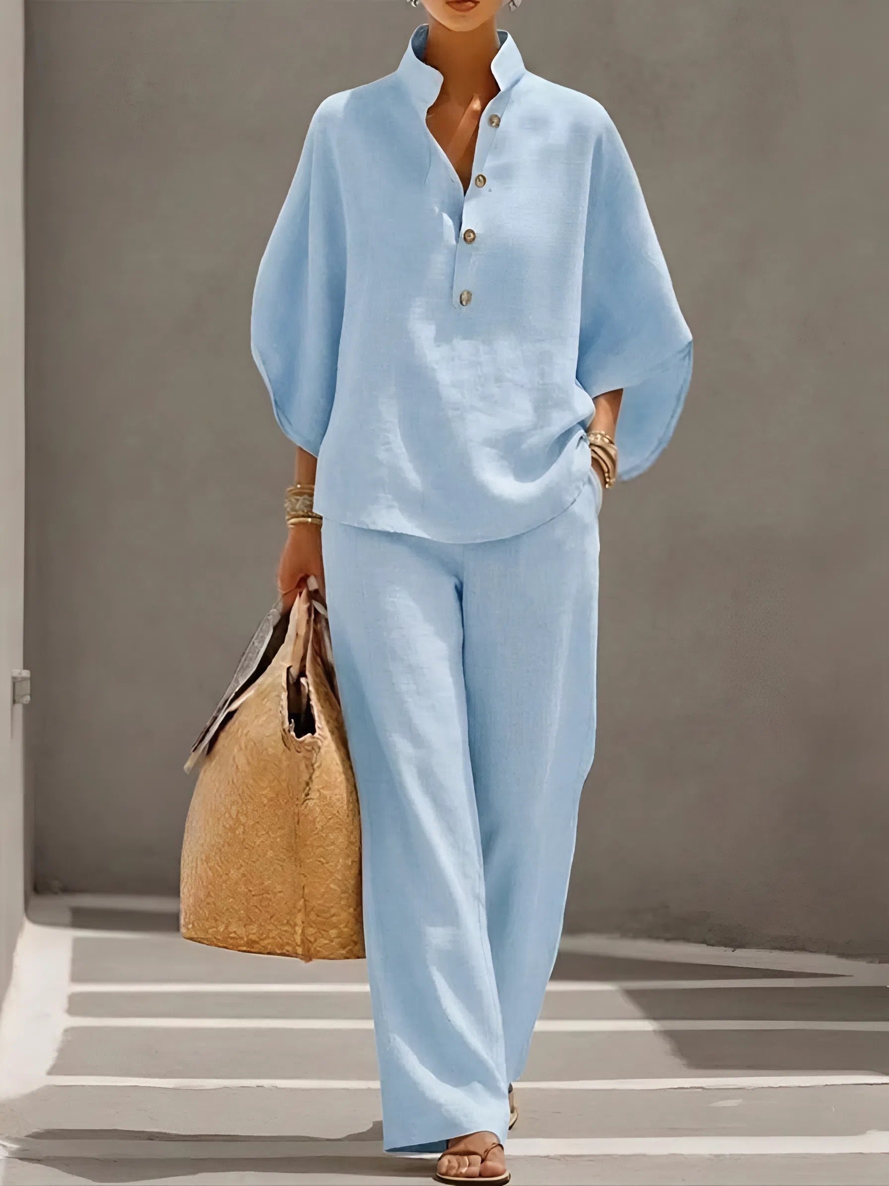 Cotton Linen Two Piece Set with Button Top and Loose Pants