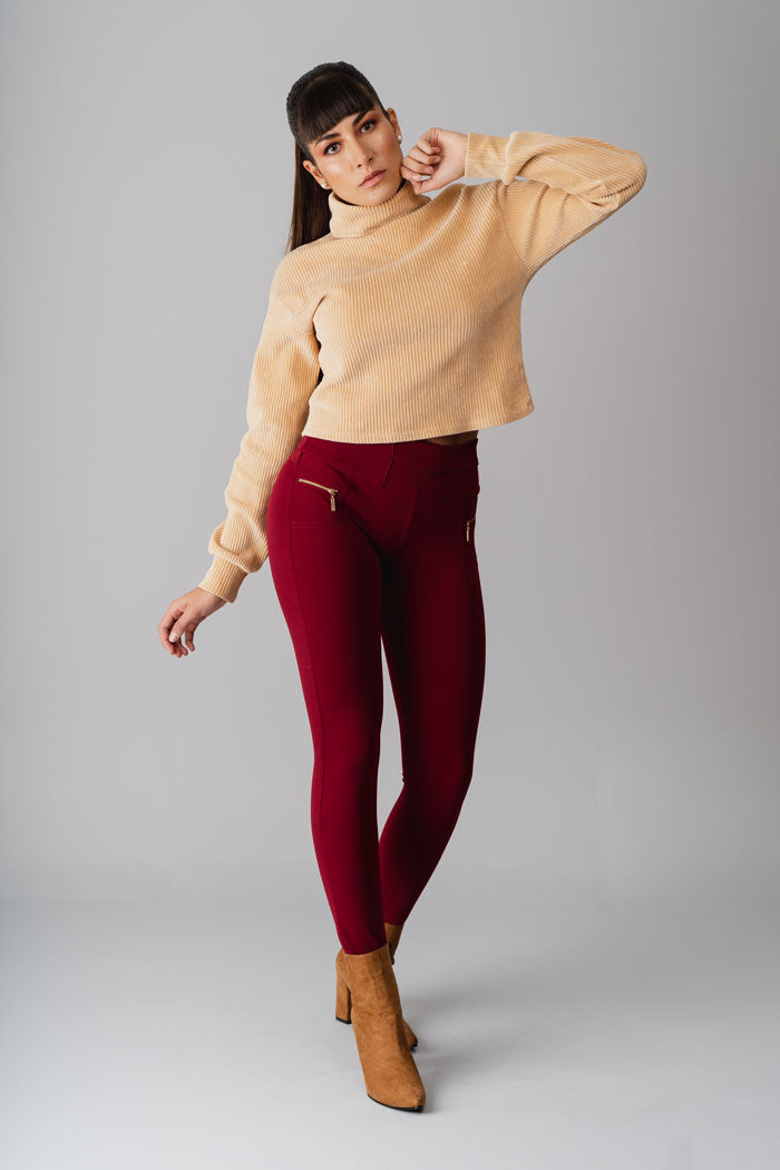 Savannah pull on pant with gold zippers - Burgundy – Bellanoa