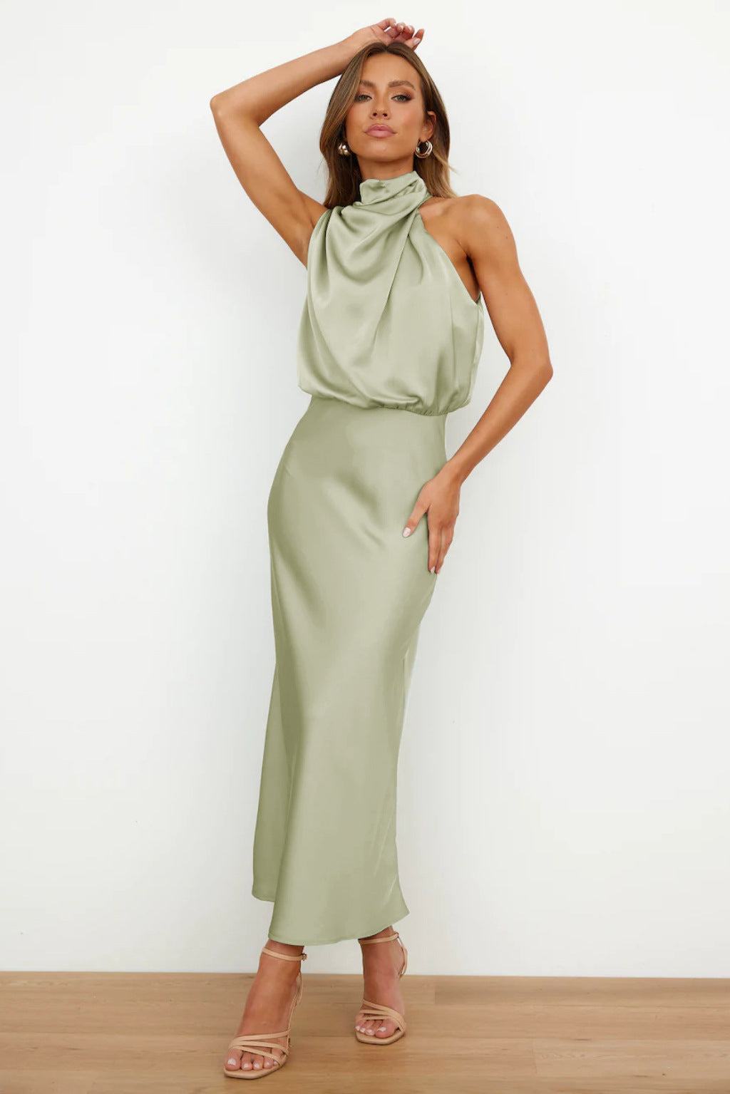 Draped Maxi Dress with High Neck and Flowing Fit