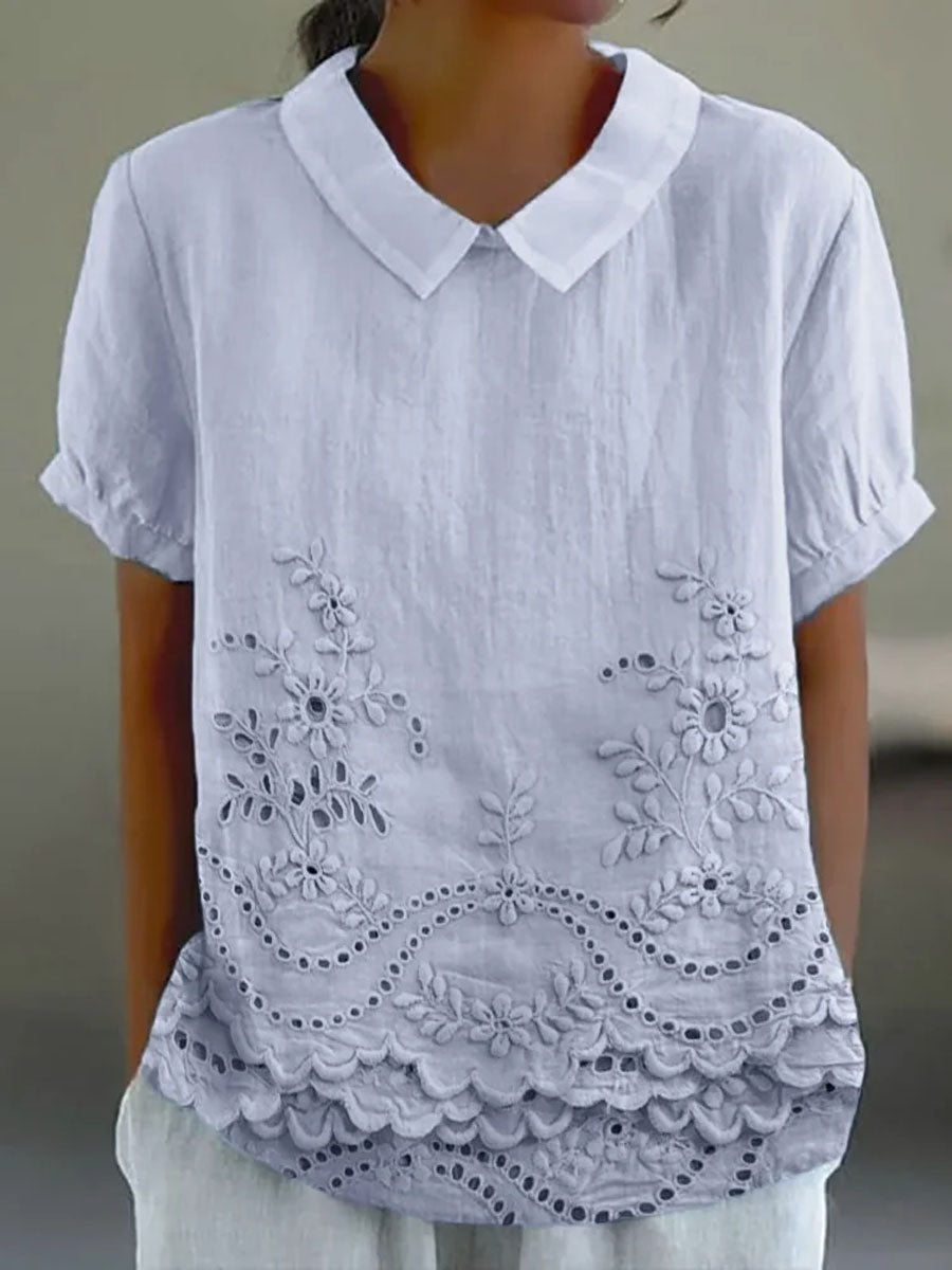 Linen Blend Embroidered Blouse Lightweight Relaxed Fit