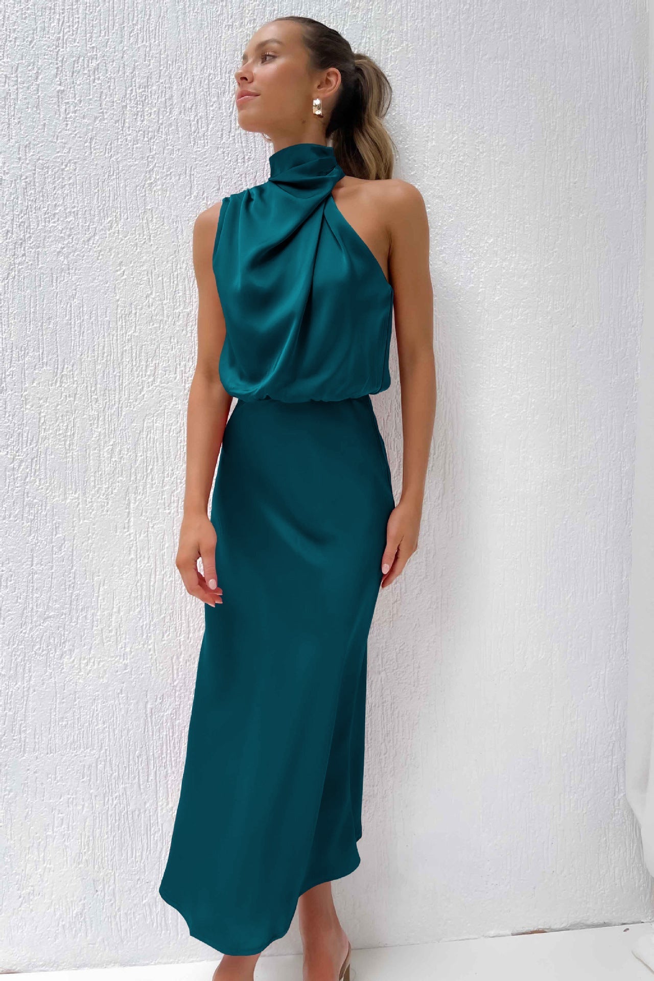Draped Maxi Dress with High Neck and Flowing Fit