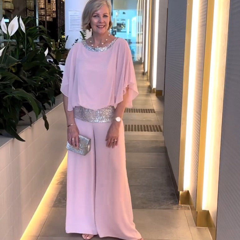 Elegant Two Piece Set Wide Leg Pants and Loose Top Evening Outfit